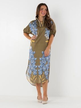 NWT Emily McCarthy Poppy Caftan Silk in Bluebonnet Large